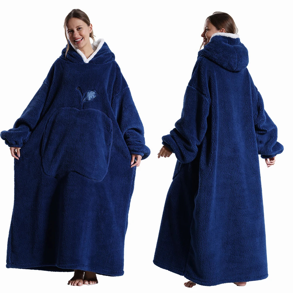 Extra Long Wearable Flannel Hooded Blanket with Full Sleeves for Men and Women