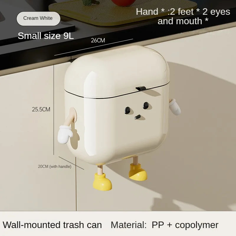Cream Wall-Mounted Kitchen Trash Can with Lid – 9L/12L, No-Bend Design
