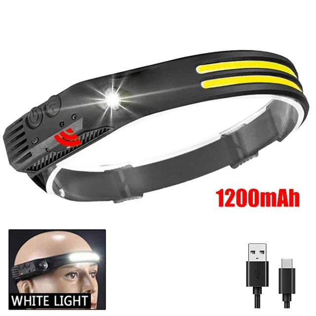 COB LED Induction Headlamp - USB Rechargeable, Motion Sensor, Outdoor Camping & Fishing Headlight