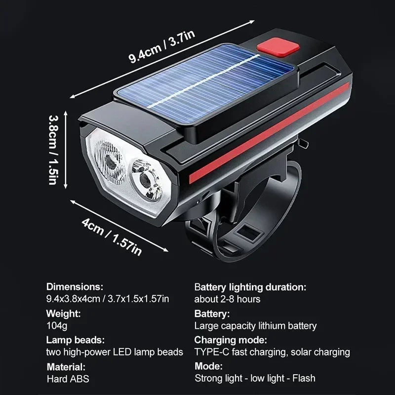 BUCKLOS Solar Bike Headlamp 250LM with Horn & USB Charging