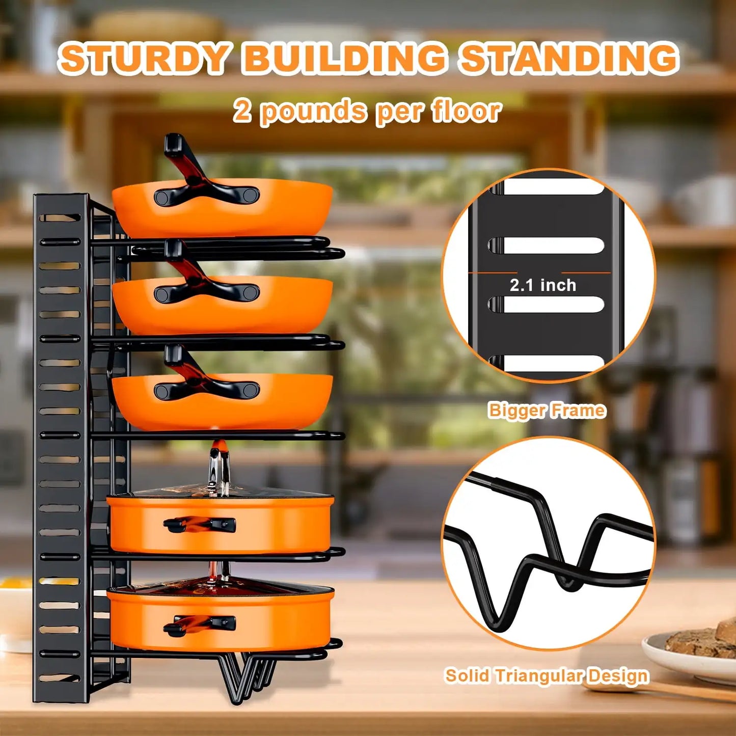 Tier Adjustable Pot and Pan Organizer Rack – Durable Kitchen Storage for Cookware and Lids"