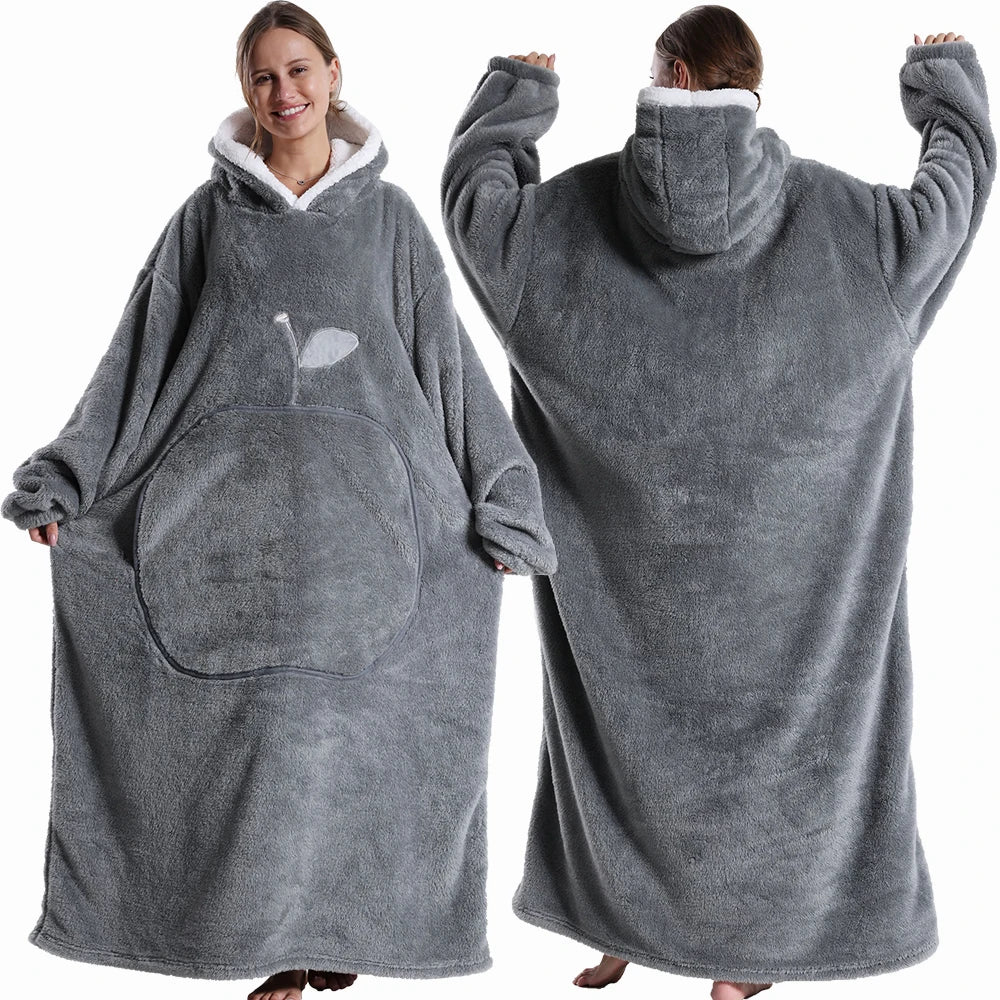 Extra Long Wearable Flannel Hooded Blanket with Full Sleeves for Men and Women
