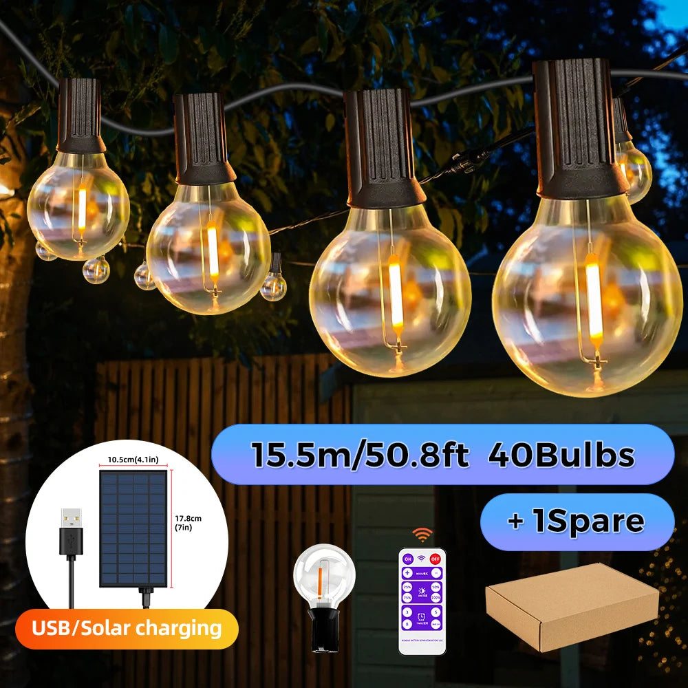Solar-Powered G40 LED Outdoor String Lights with Shatterproof Bulbs – Weatherproof Patio and Backyard Lighting