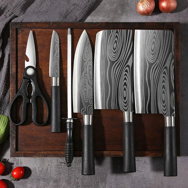 Laser Damascus Pattern Kitchen Knives Set with Scissors and Sharpening Rod