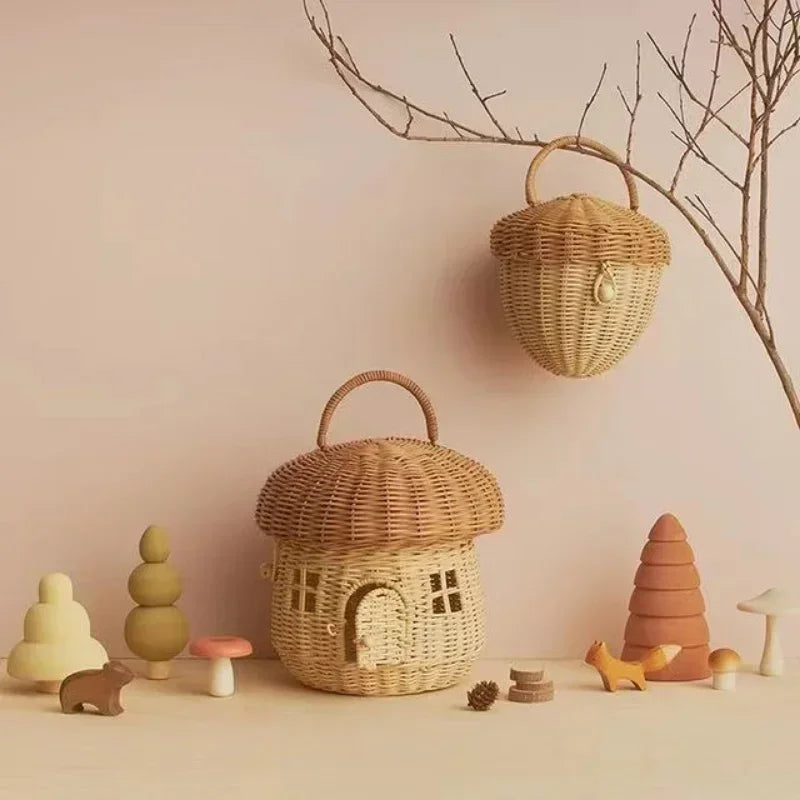 Rattan Woven Mushroom Basket – Portable Picnic & Toy Organizer for Kids