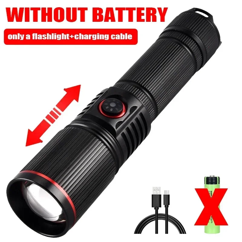 Rechargeable White Laser LED Flashlight - Zoomable Torch for Camping, Hunting, Outdoor & Fishing