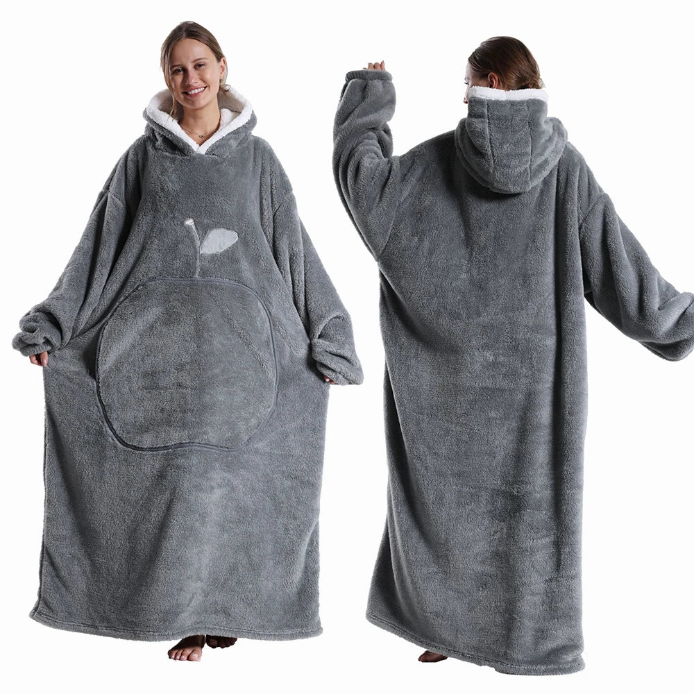 Extra Long Wearable Flannel Hooded Blanket with Full Sleeves for Men and Women