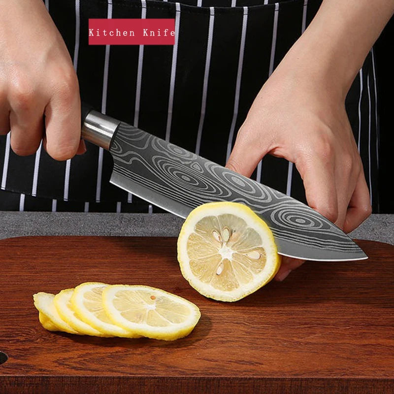 Laser Damascus Pattern Kitchen Knives Set with Scissors and Sharpening Rod
