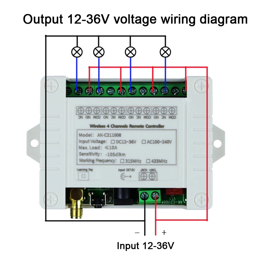 Smart Wireless 4-Channel Relay Switch 12V/24V/36V 10A with 433MHz RF Remote Control