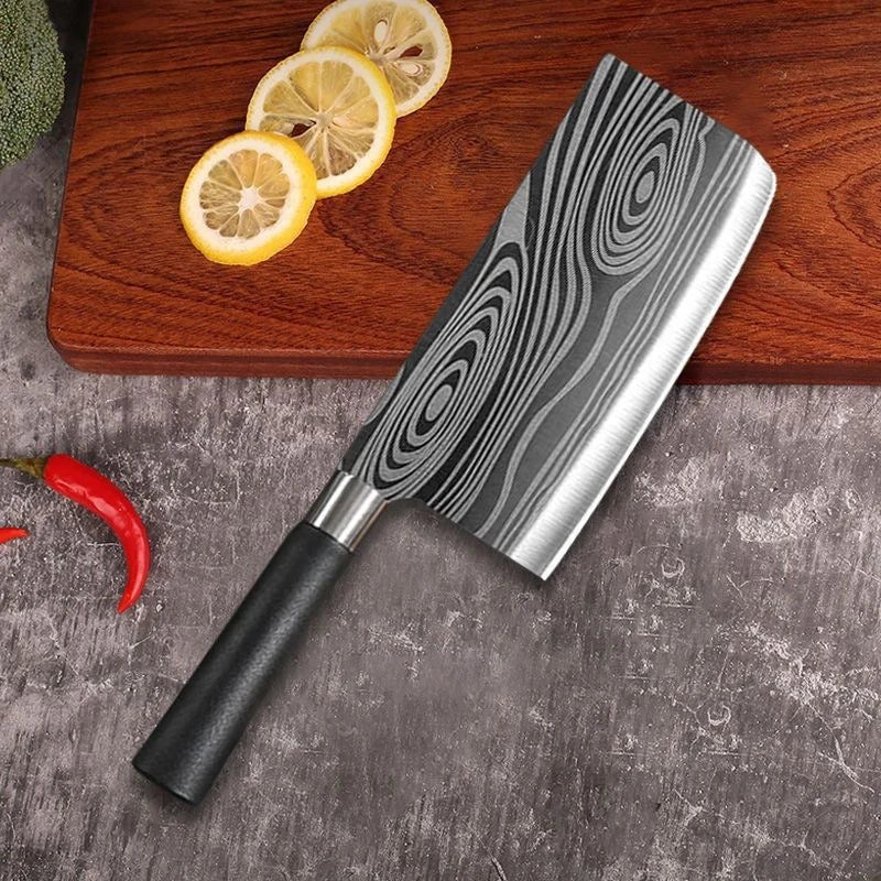 Laser Damascus Pattern Kitchen Knives Set with Scissors and Sharpening Rod