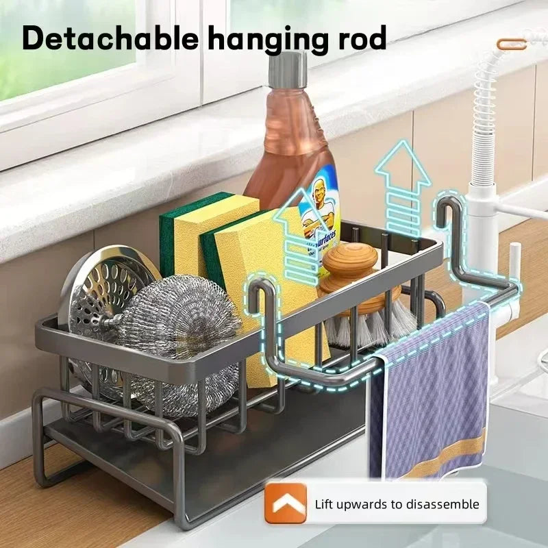 "Multi-Functional Kitchen Sponge Rack with Water Drainage – Dish Soap and Rag Organizer"