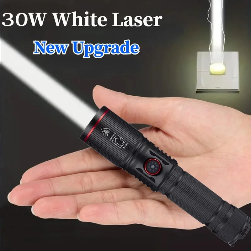 Rechargeable White Laser LED Flashlight - Zoomable Torch for Camping, Hunting, Outdoor & Fishing