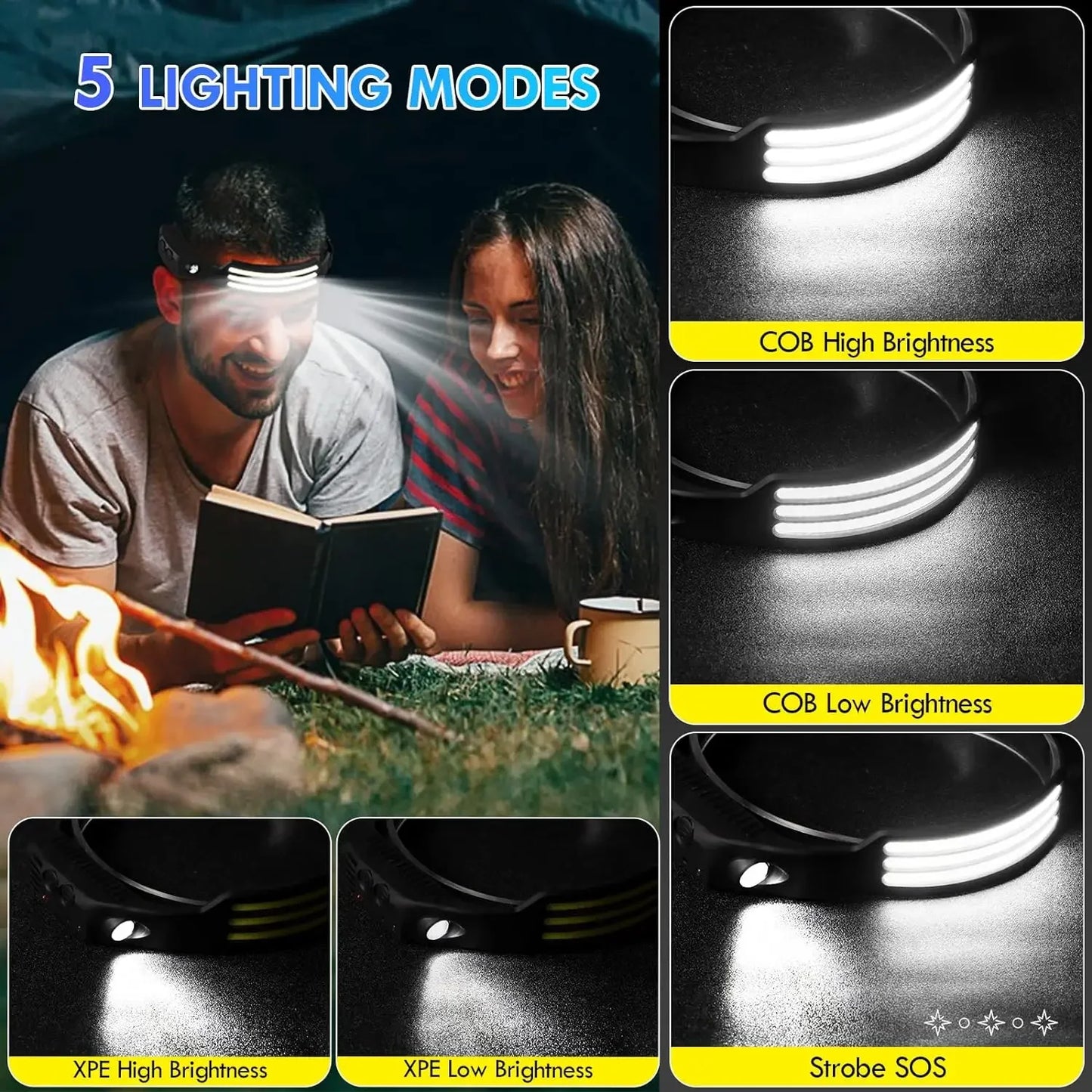 COB LED Induction Headlamp - USB Rechargeable, Motion Sensor, Outdoor Camping & Fishing Headlight