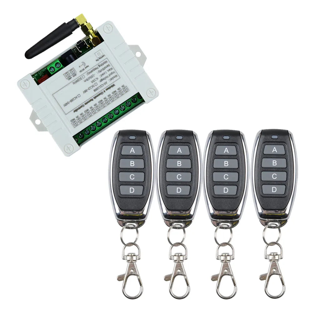 Smart Wireless 4-Channel Relay Switch 12V/24V/36V 10A with 433MHz RF Remote Control
