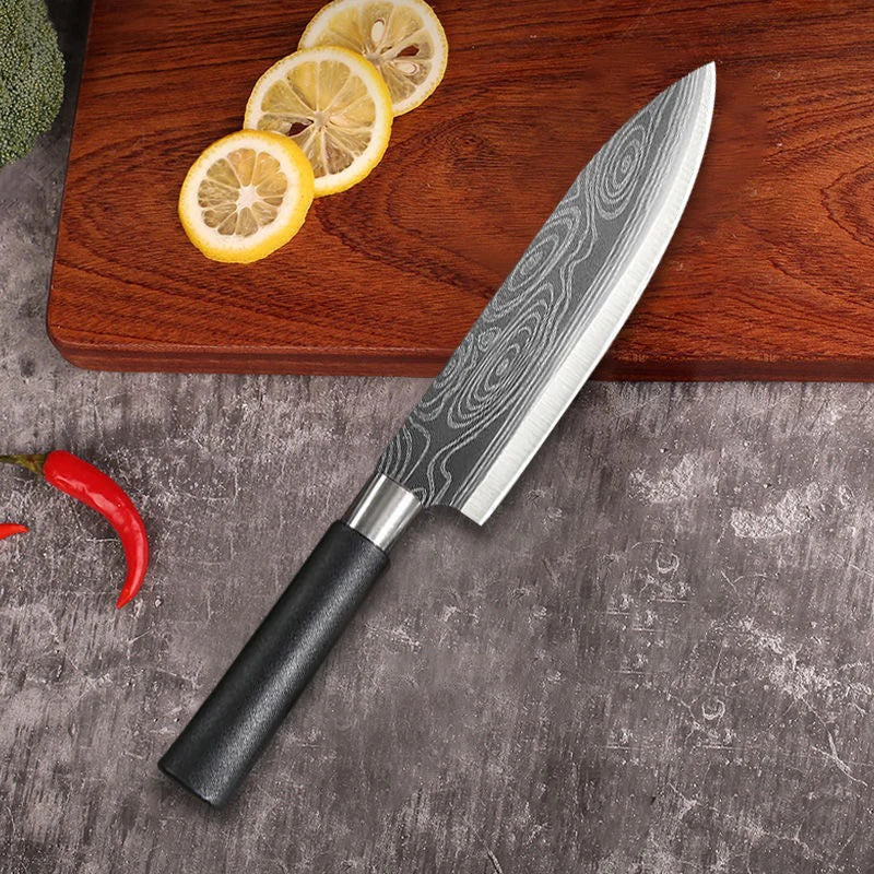 Laser Damascus Pattern Kitchen Knives Set with Scissors and Sharpening Rod