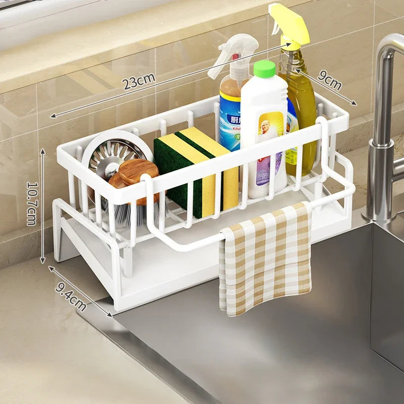 "Multi-Functional Kitchen Sponge Rack with Water Drainage – Dish Soap and Rag Organizer"