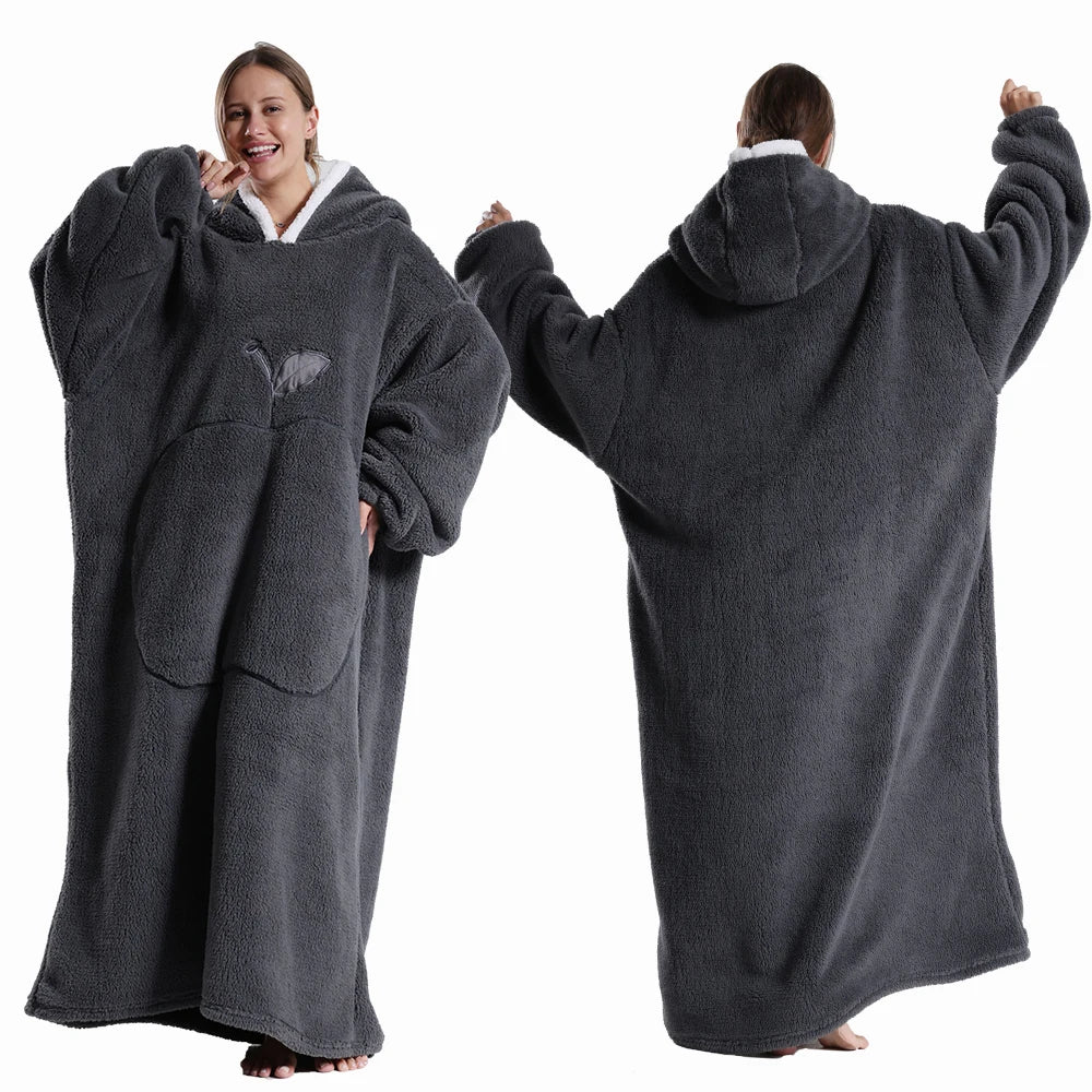 Extra Long Wearable Flannel Hooded Blanket with Full Sleeves for Men and Women