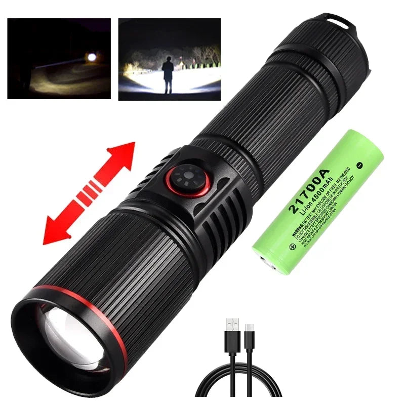 Rechargeable White Laser LED Flashlight - Zoomable Torch for Camping, Hunting, Outdoor & Fishing