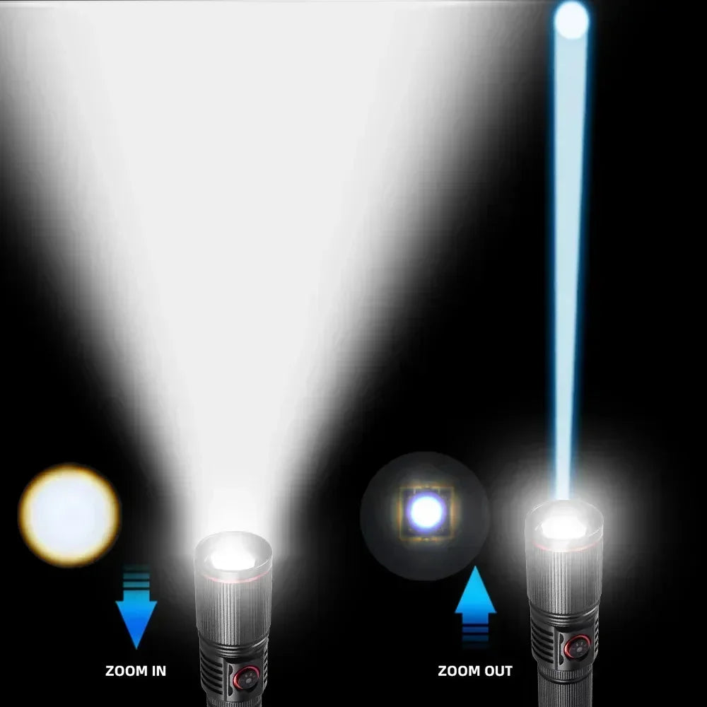 Rechargeable White Laser LED Flashlight - Zoomable Torch for Camping, Hunting, Outdoor & Fishing