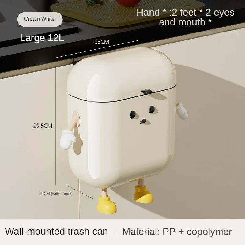 Cream Wall-Mounted Kitchen Trash Can with Lid – 9L/12L, No-Bend Design