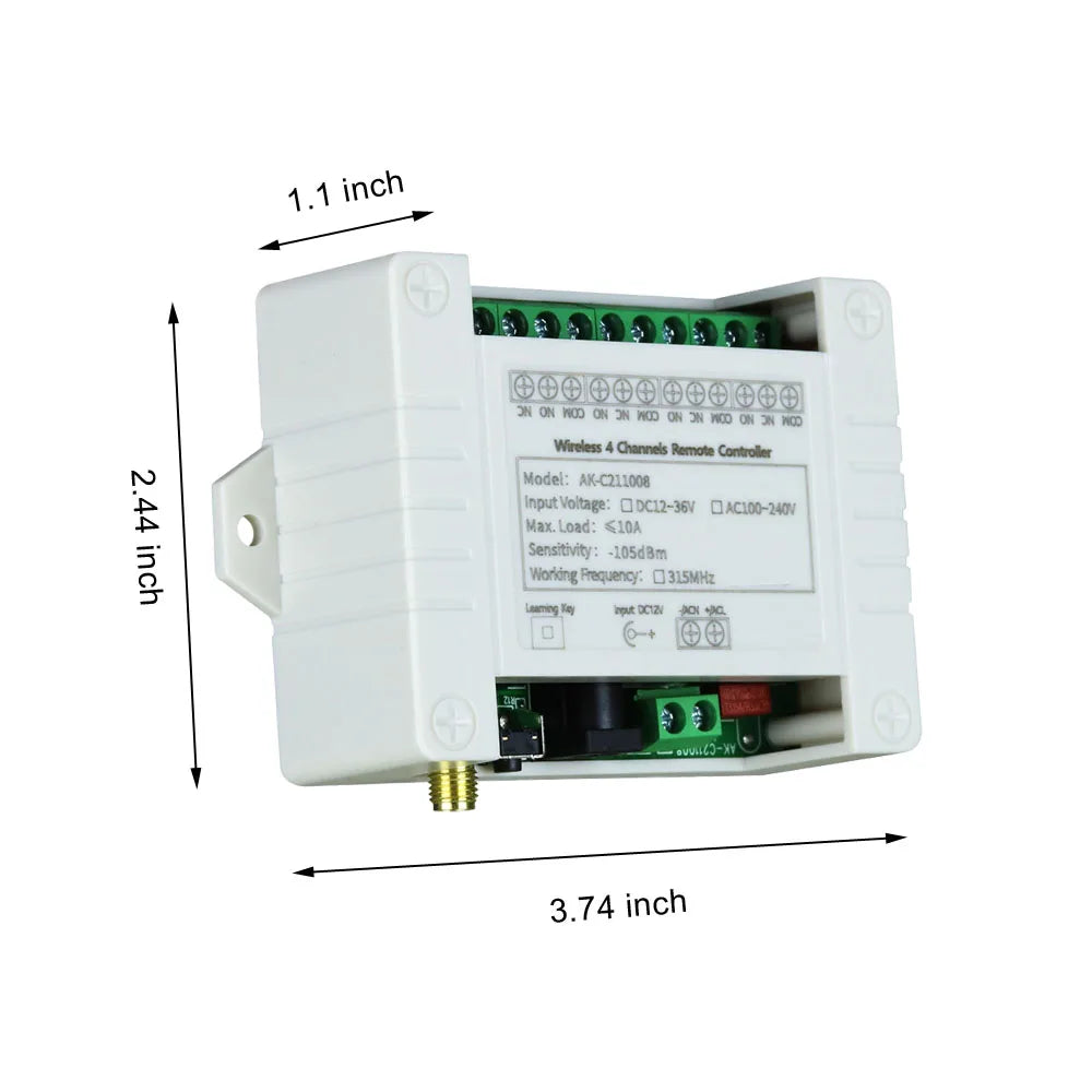Smart Wireless 4-Channel Relay Switch 12V/24V/36V 10A with 433MHz RF Remote Control