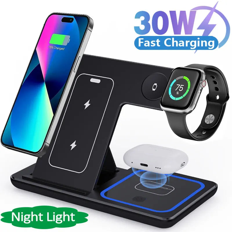 30W 3-in-1 Foldable Fast Wireless Charging Station for iPhone, Apple Watch & AirPods