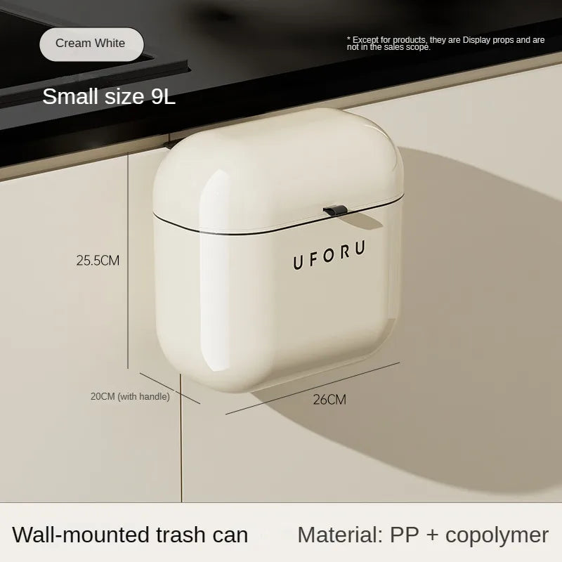 Cream Wall-Mounted Kitchen Trash Can with Lid – 9L/12L, No-Bend Design