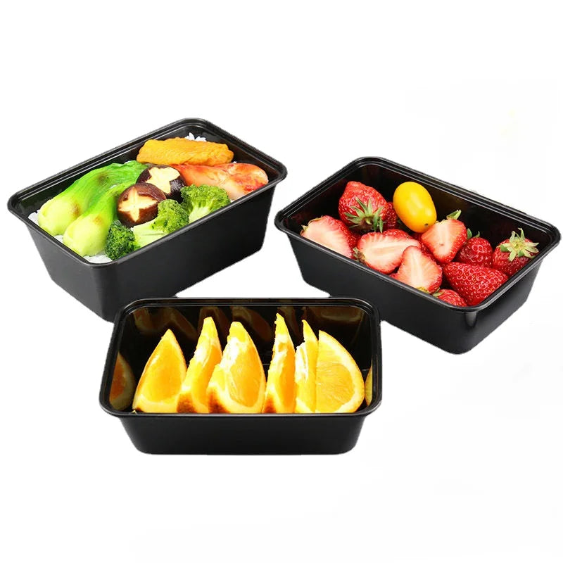 Disposable Black Plastic Food Containers with Lids – For Takeout, Salads, Sandwiches, and Storage"