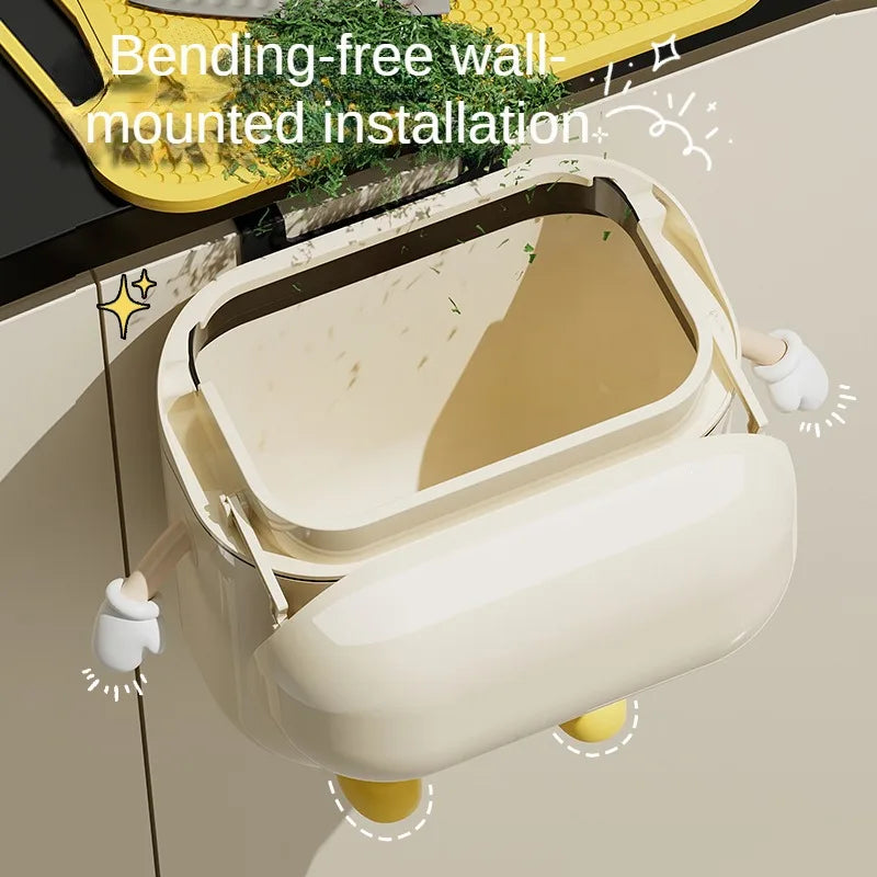 Cream Wall-Mounted Kitchen Trash Can with Lid – 9L/12L, No-Bend Design