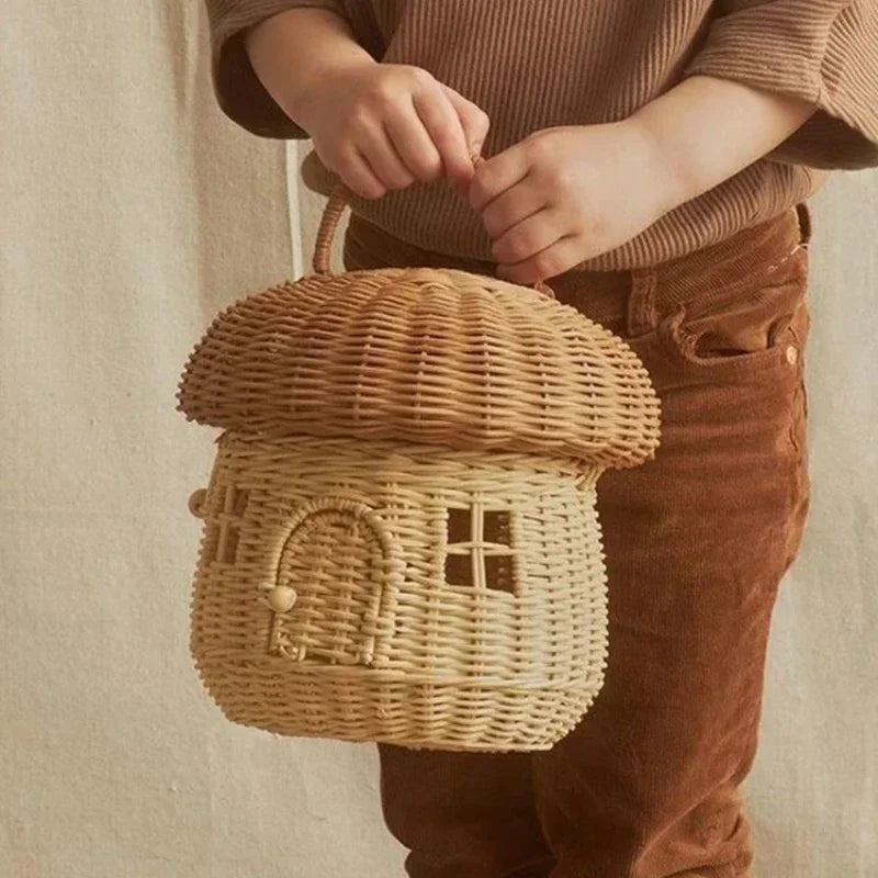 Rattan Woven Mushroom Basket – Portable Picnic & Toy Organizer for Kids