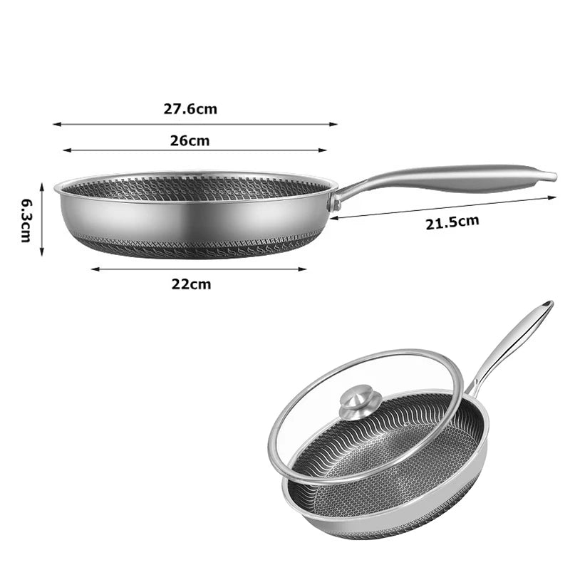 LMETJMA Stainless Steel Frying Pan Nonstick Honeycomb Fry Pan With Lid Induction Ceramic