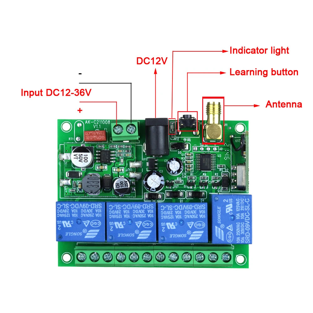 Smart Wireless 4-Channel Relay Switch 12V/24V/36V 10A with 433MHz RF Remote Control