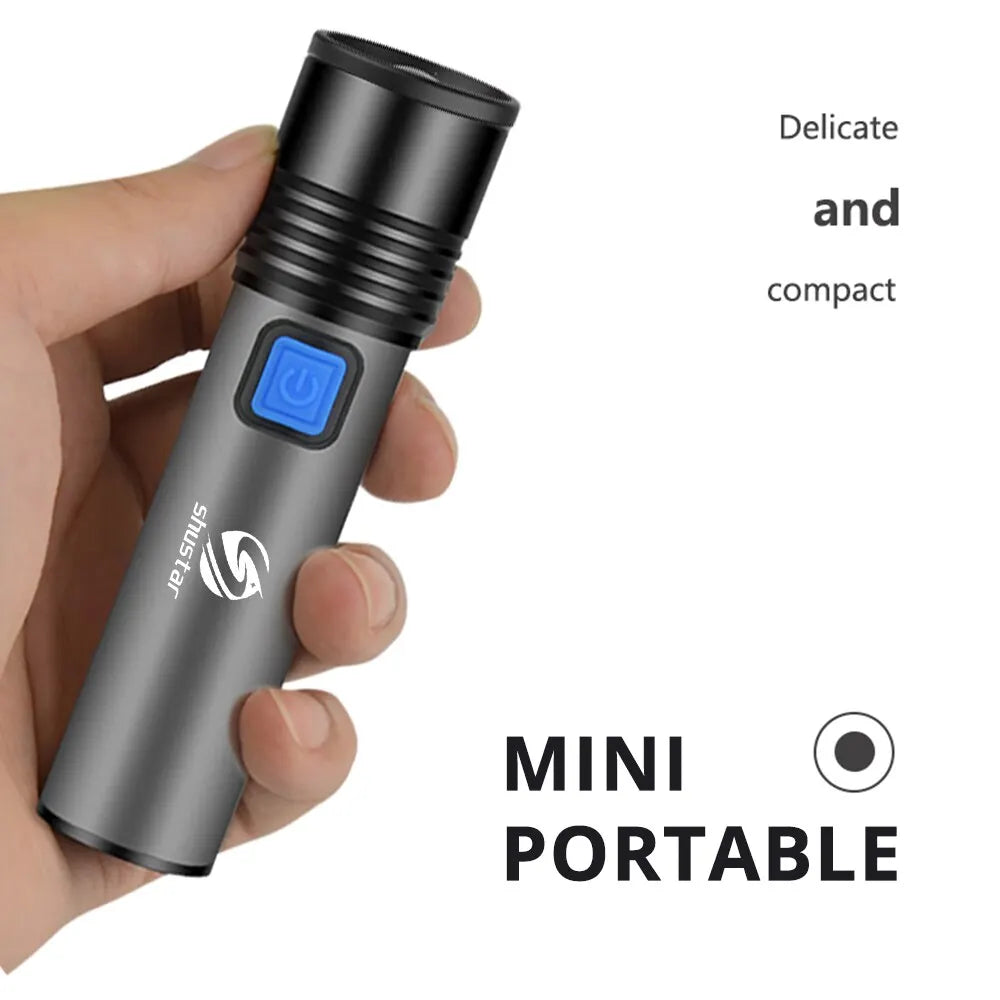 "LumiMax Zoom LED Flashlight – USB Rechargeable, Waterproof Camping Torch"