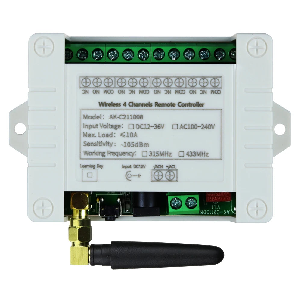 Smart Wireless 4-Channel Relay Switch 12V/24V/36V 10A with 433MHz RF Remote Control