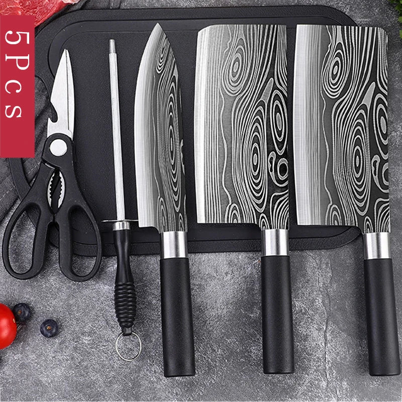 Laser Damascus Pattern Kitchen Knives Set with Scissors and Sharpening Rod