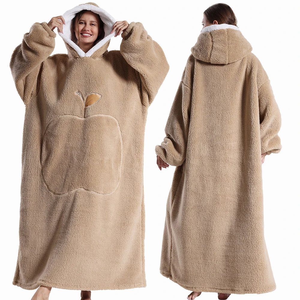 Extra Long Wearable Flannel Hooded Blanket with Full Sleeves for Men and Women