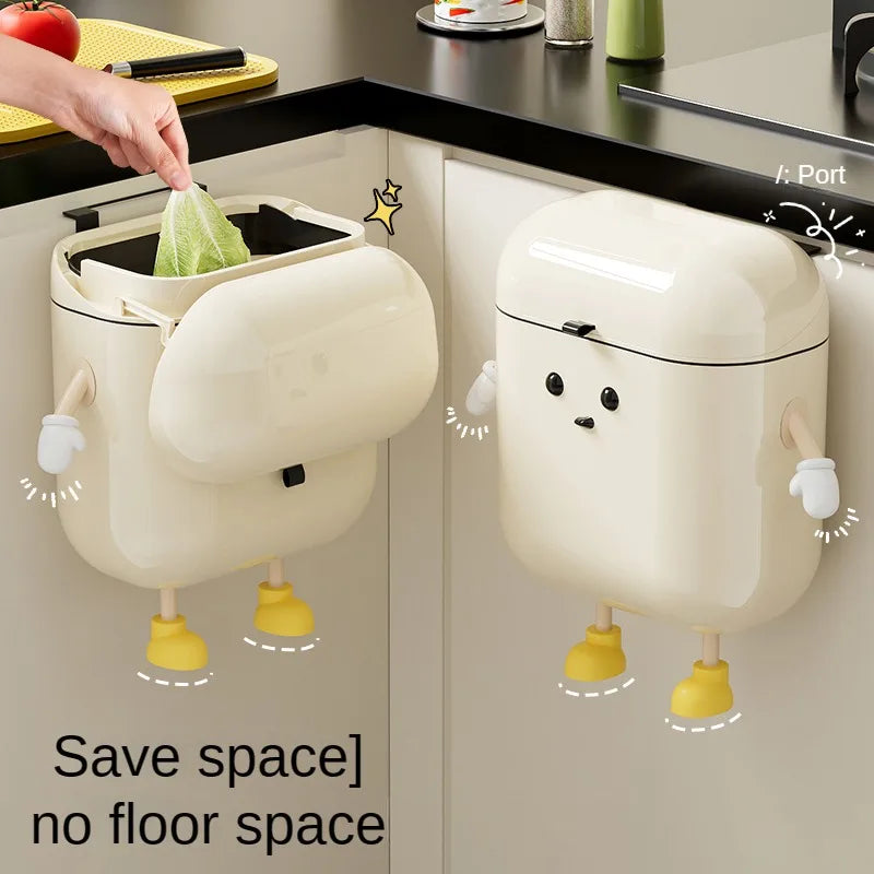 Cream Wall-Mounted Kitchen Trash Can with Lid – 9L/12L, No-Bend Design