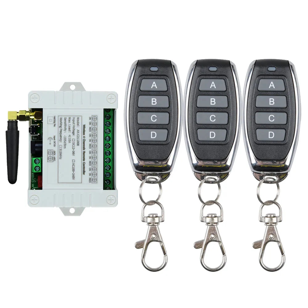 Smart Wireless 4-Channel Relay Switch 12V/24V/36V 10A with 433MHz RF Remote Control