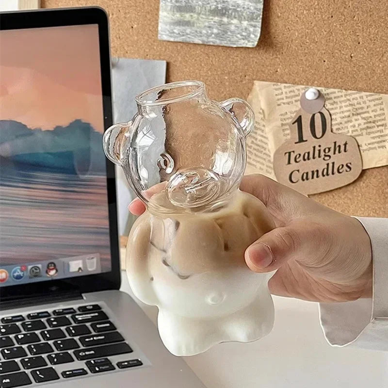 "Cartoon Bear Shaped Glass Mug with Straw – Cute Coffee Cup for Kids, Women, and Friends"