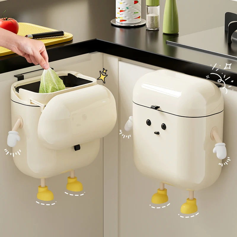 Cream Wall-Mounted Kitchen Trash Can with Lid – 9L/12L, No-Bend Design