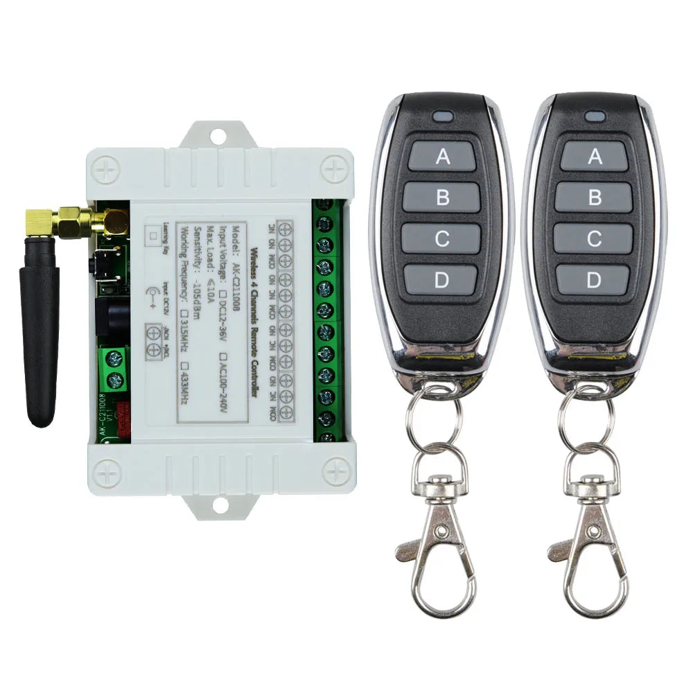 Smart Wireless 4-Channel Relay Switch 12V/24V/36V 10A with 433MHz RF Remote Control