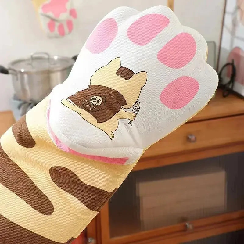 "Cute Cat Paw Long Cotton Oven Glove - Heat Resistant, Non-Slip Kitchen Baking Mitt"