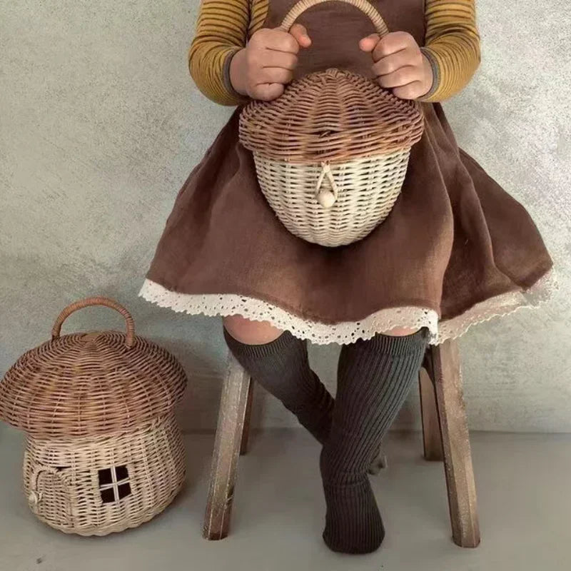 Rattan Woven Mushroom Basket – Portable Picnic & Toy Organizer for Kids