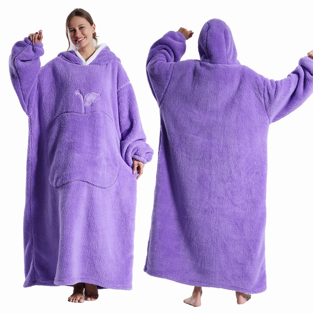 Extra Long Wearable Flannel Hooded Blanket with Full Sleeves for Men and Women