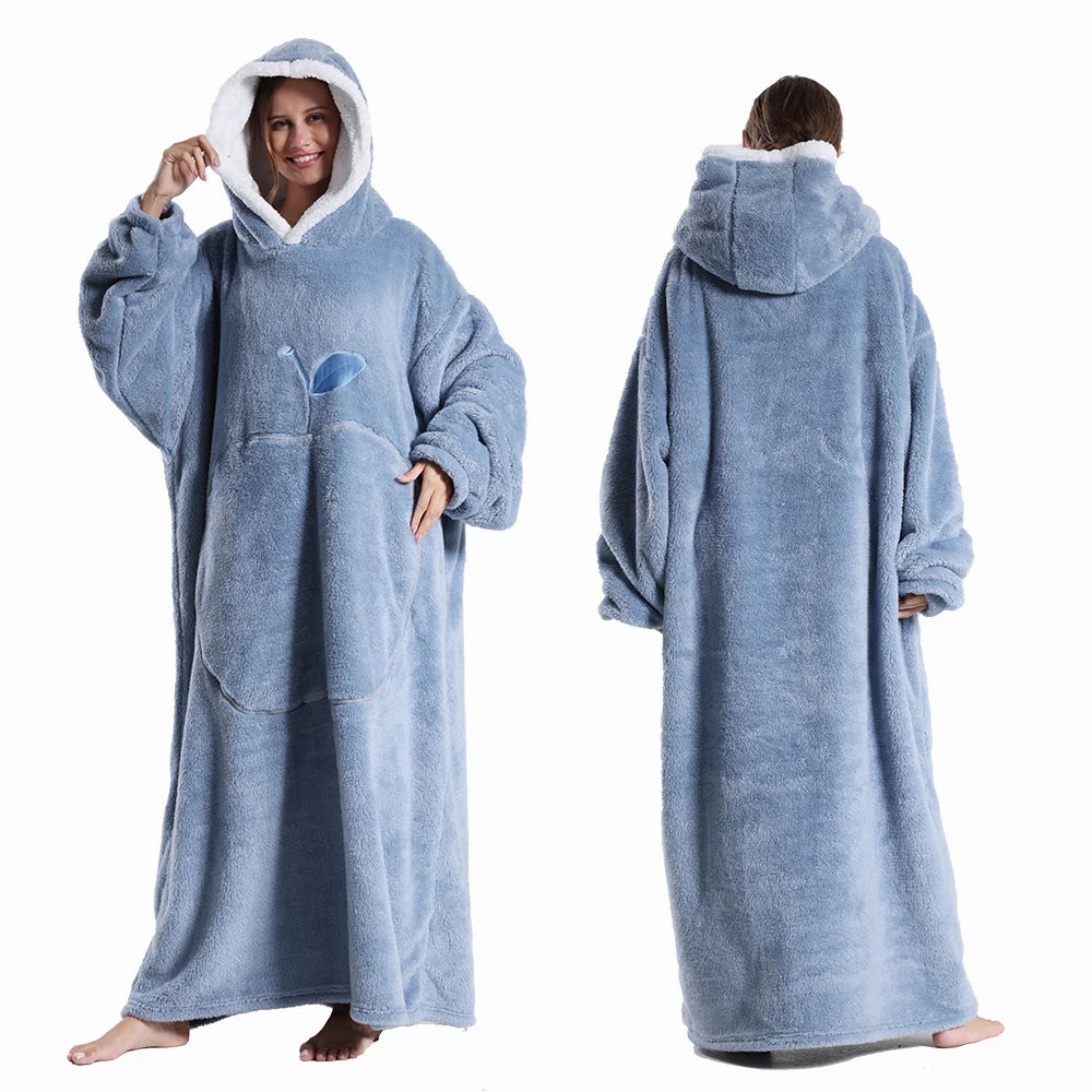 Extra Long Wearable Flannel Hooded Blanket with Full Sleeves for Men and Women