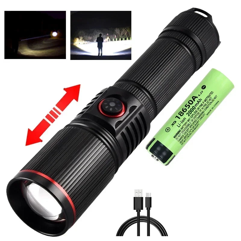 Rechargeable White Laser LED Flashlight - Zoomable Torch for Camping, Hunting, Outdoor & Fishing
