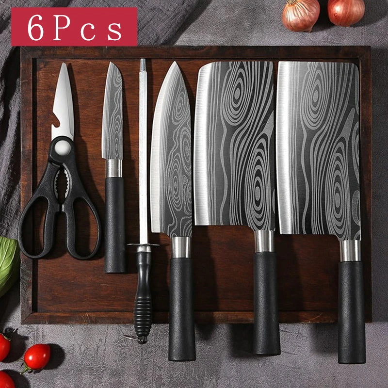 Laser Damascus Pattern Kitchen Knives Set with Scissors and Sharpening Rod