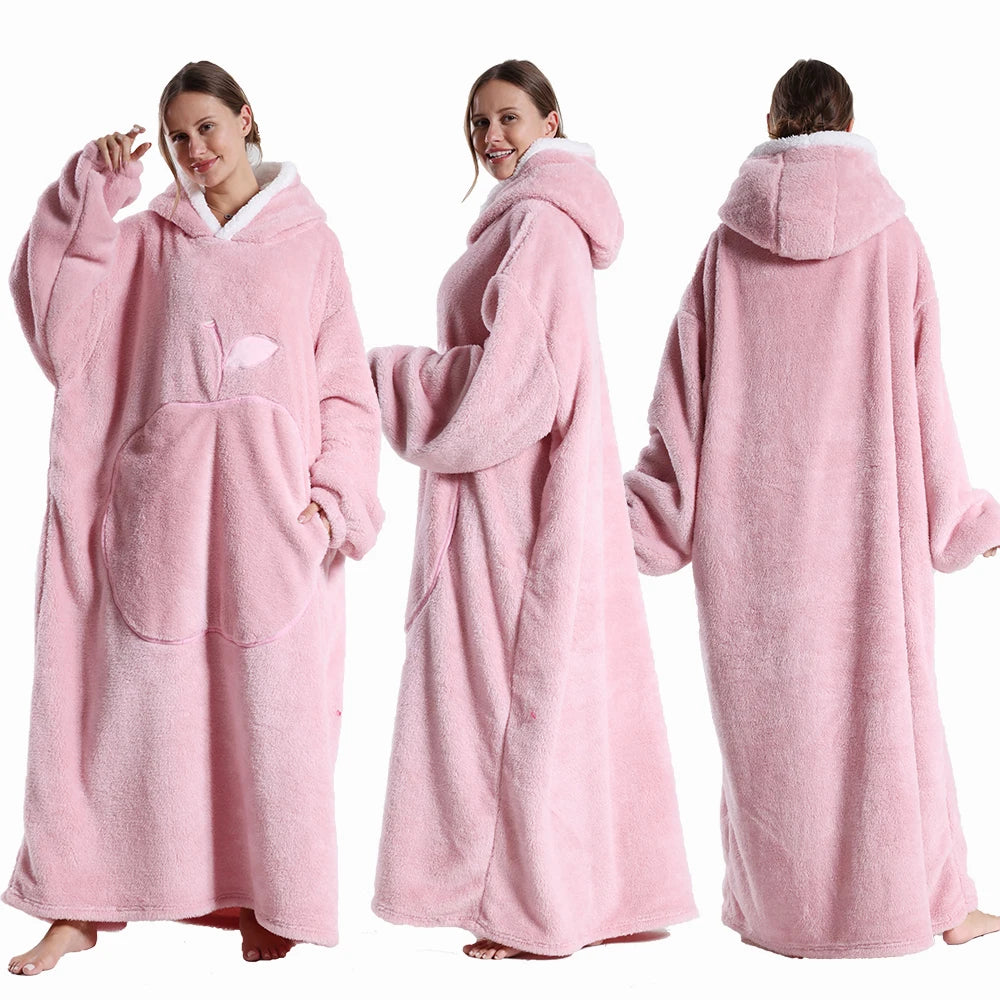 Extra Long Wearable Flannel Hooded Blanket with Full Sleeves for Men and Women