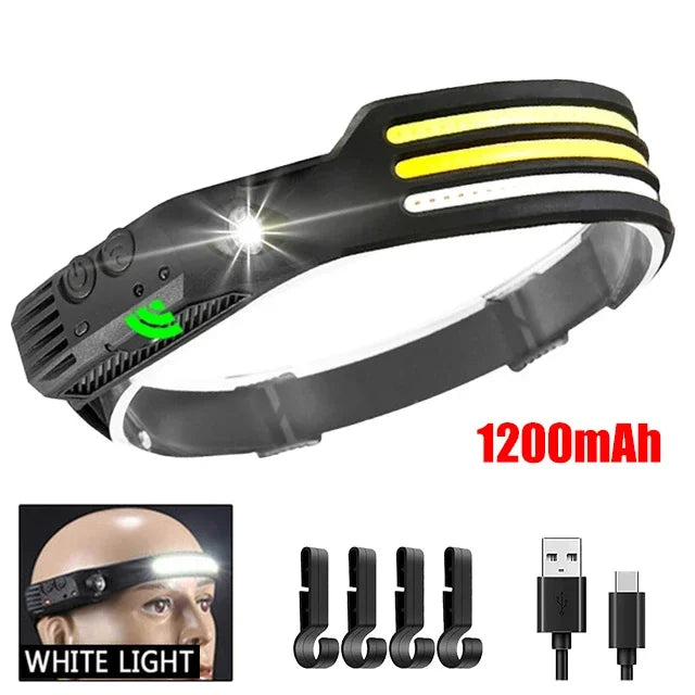 COB LED Induction Headlamp - USB Rechargeable, Motion Sensor, Outdoor Camping & Fishing Headlight
