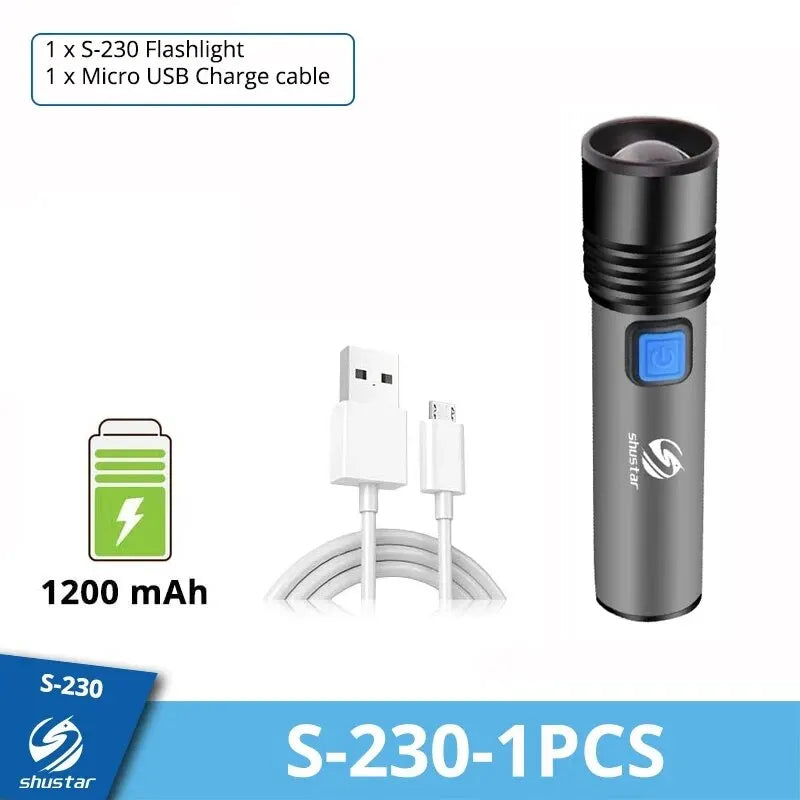 "LumiMax Zoom LED Flashlight – USB Rechargeable, Waterproof Camping Torch"